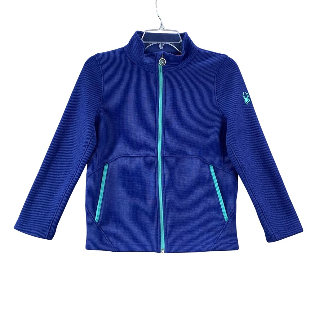 Spyder Full Zip Fleece Jacket Kids L 14/16 Blue Waffle Knit Mock Neck Mid Layer